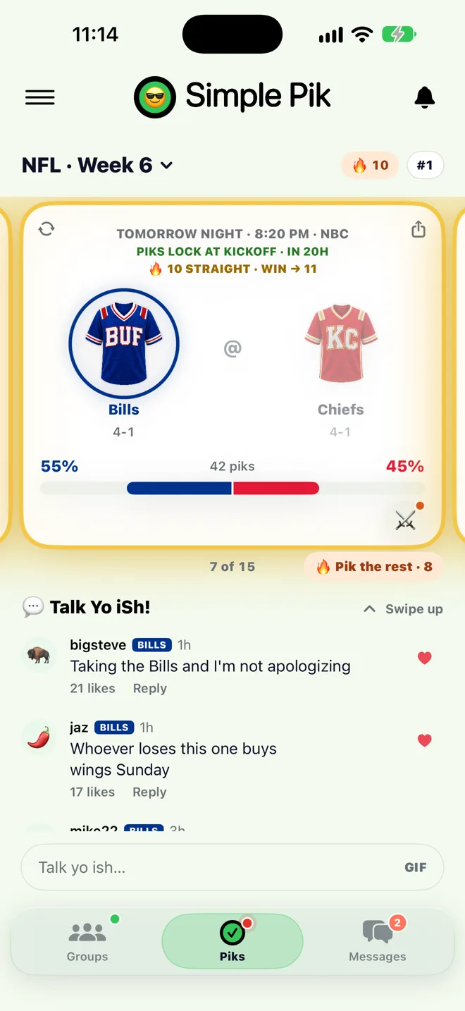 Bills at Chiefs game card showing a 10-game streak