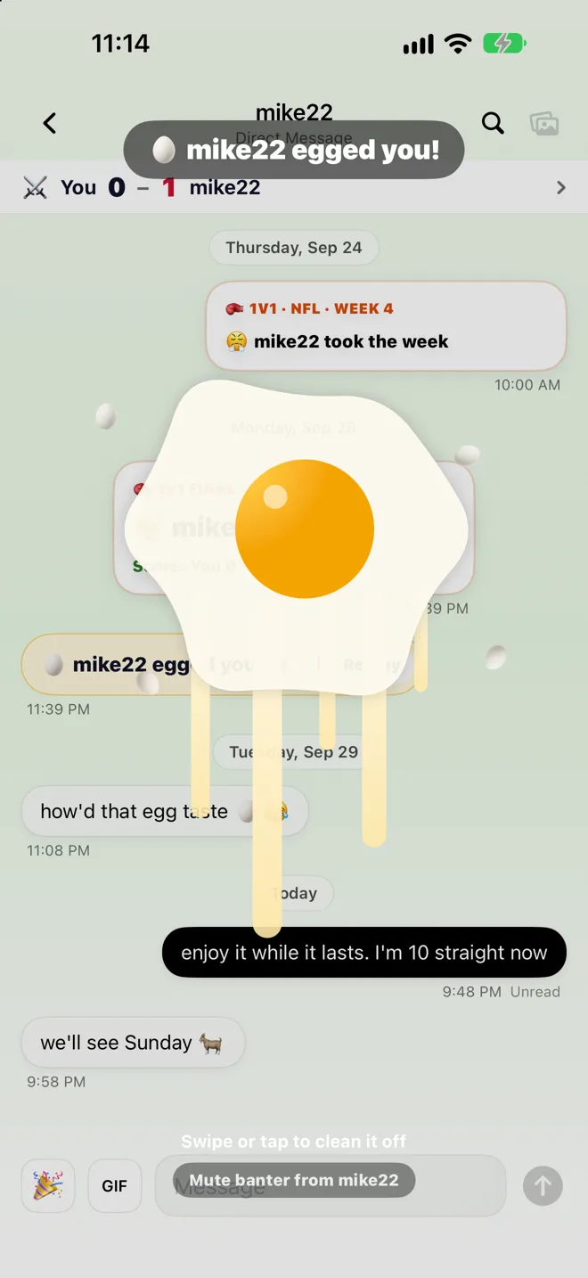 An egg splatting across a direct message after losing a 1v1