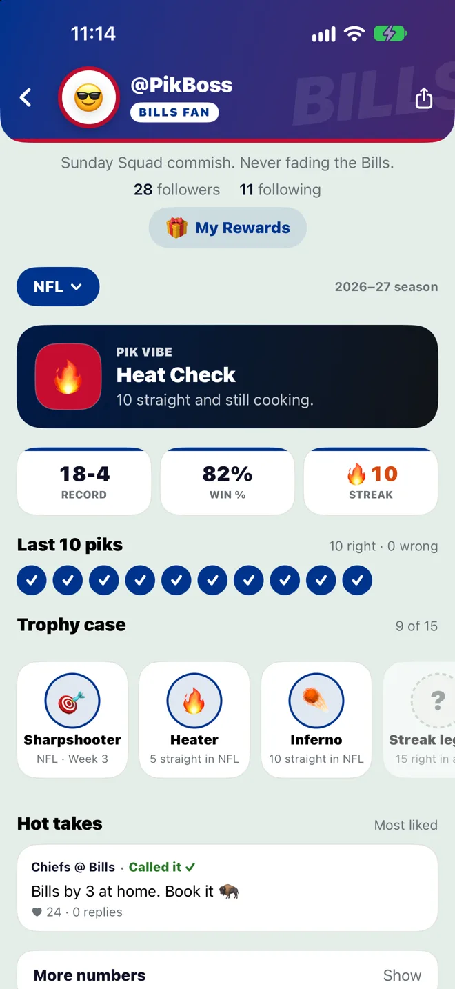 Profile with an 18-4 record, 82 percent and a 10 streak