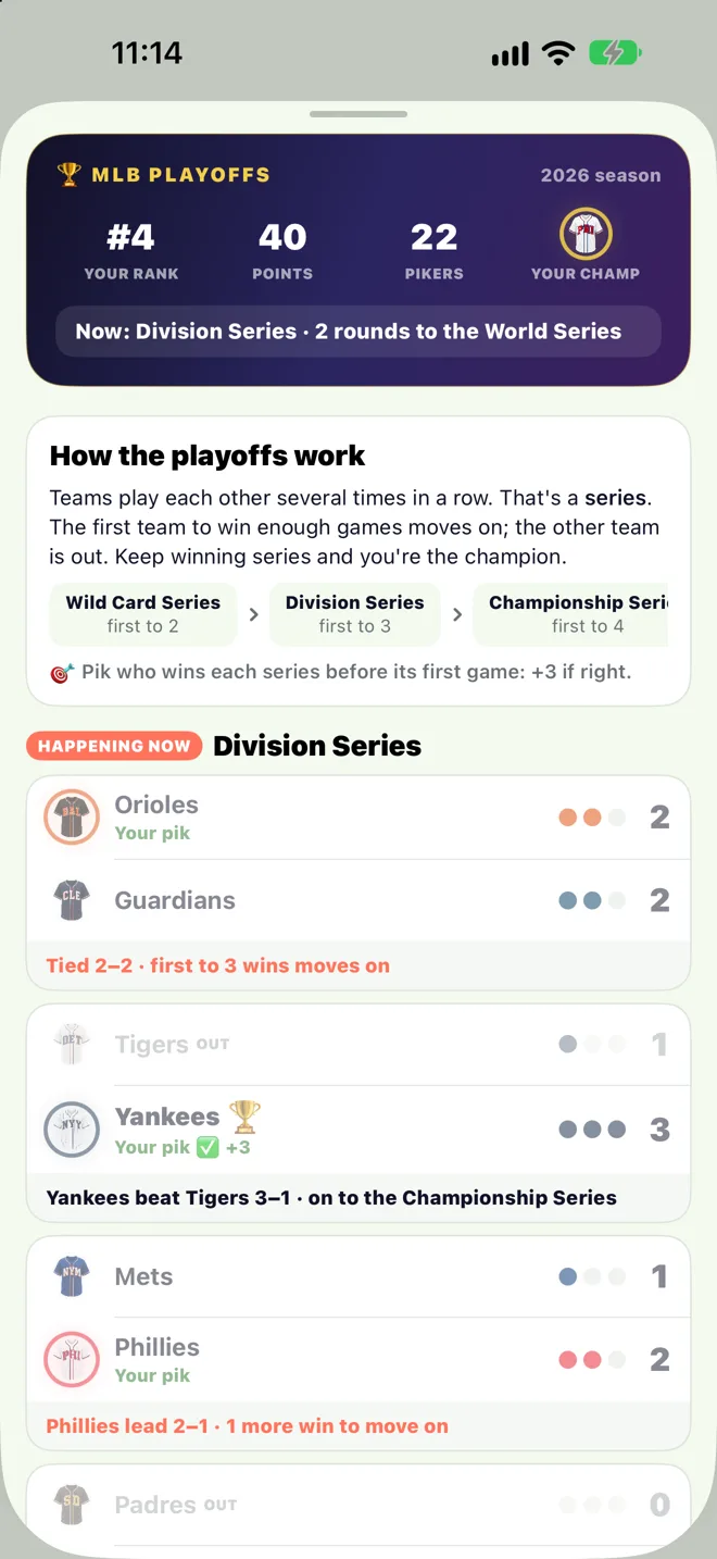 MLB playoffs board showing rank 4 with 40 points